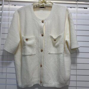 Pretty Garden Grandmacore white short sleeve sporty cardigan sweater; Size XL